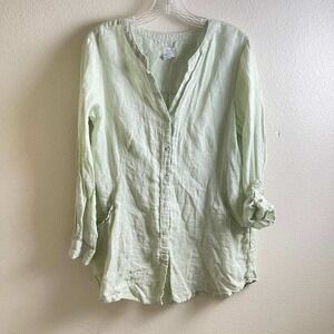 Sigrid Olsen Womens Medium 100% Linen Button Up Tunic Shirt Sage Green Pockets